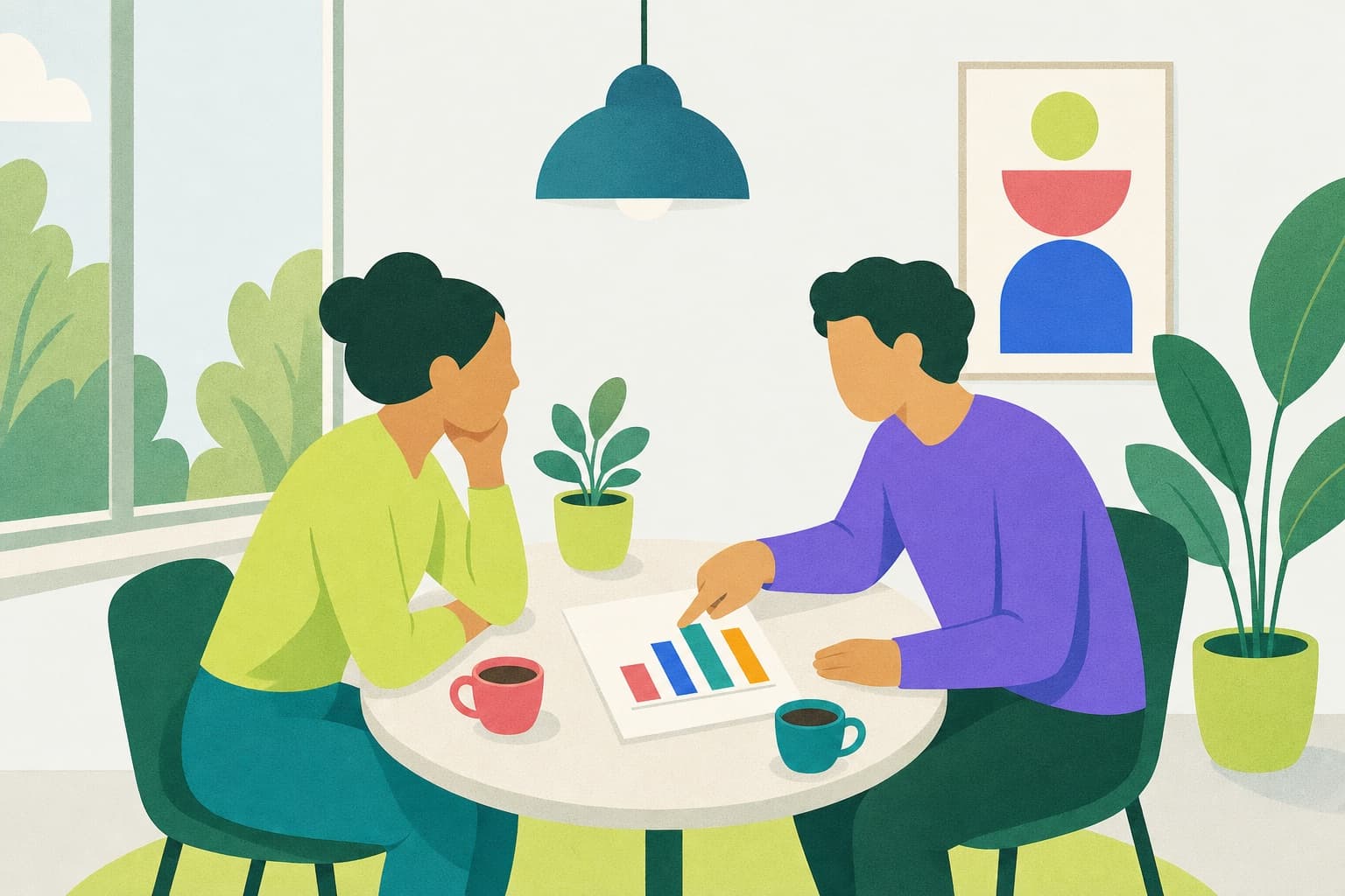 Ilustração de duas pessoas conversando numa mesa redonda perto da janela, uma delas apontando para um relatório com gráficos de barras