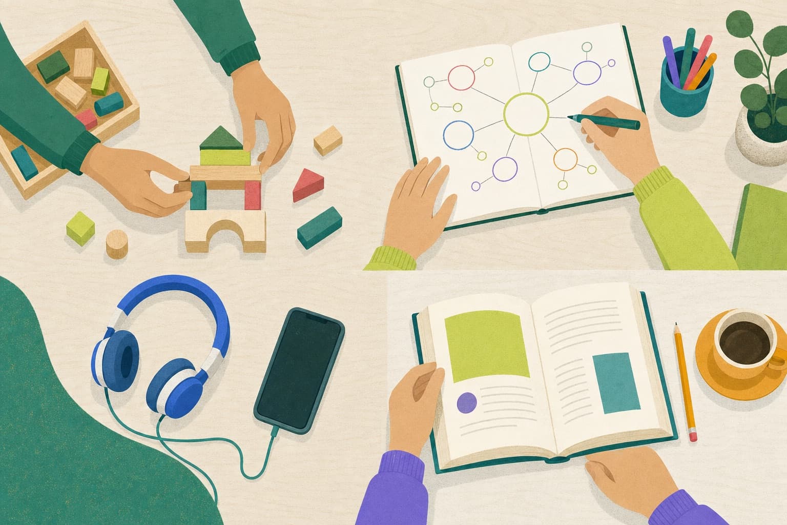 Ilustração de uma mesa de estudo vista de cima, com blocos de montar, um caderno com mapa mental, fones de ouvido e um livro aberto