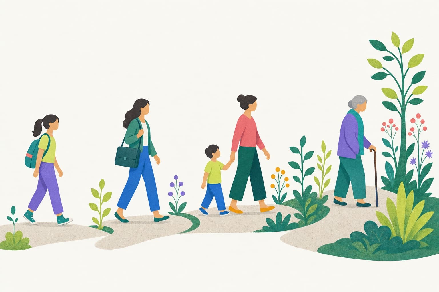 Ilustração de pessoas em idades diferentes, da adolescência à velhice, andando por um caminho com plantas que crescem