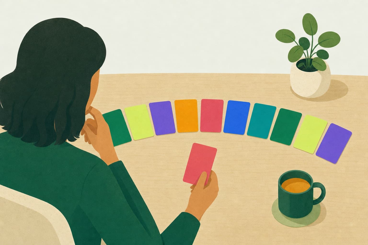 Ilustração de uma mulher, vista de costas, organizando dez cartões coloridos em arco sobre uma mesa de madeira, com um cartão na mão, uma planta e uma xícara de chá ao lado